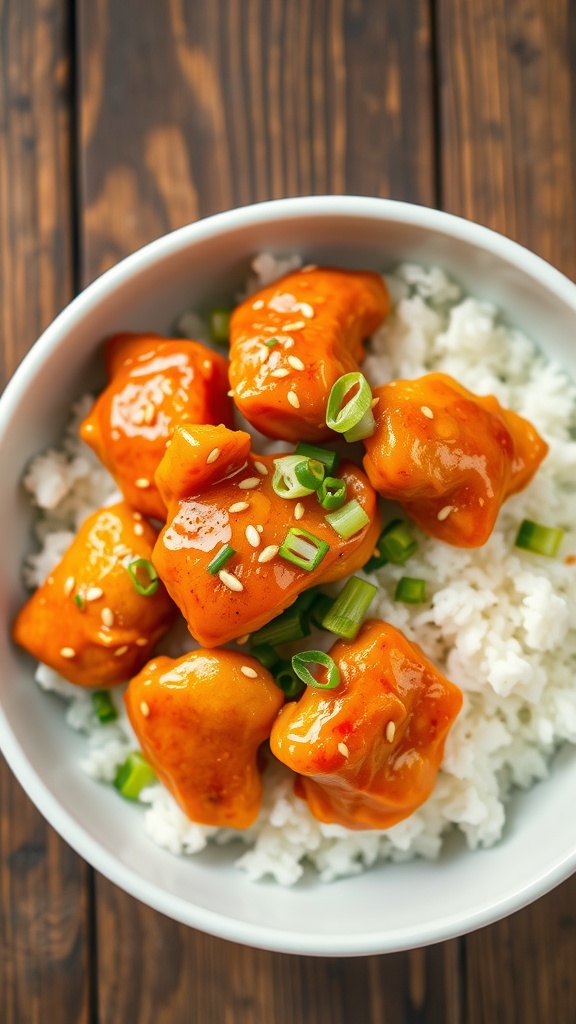 Crispy orange garlic chicken served with rice, garnished with sesame seeds and green onions.